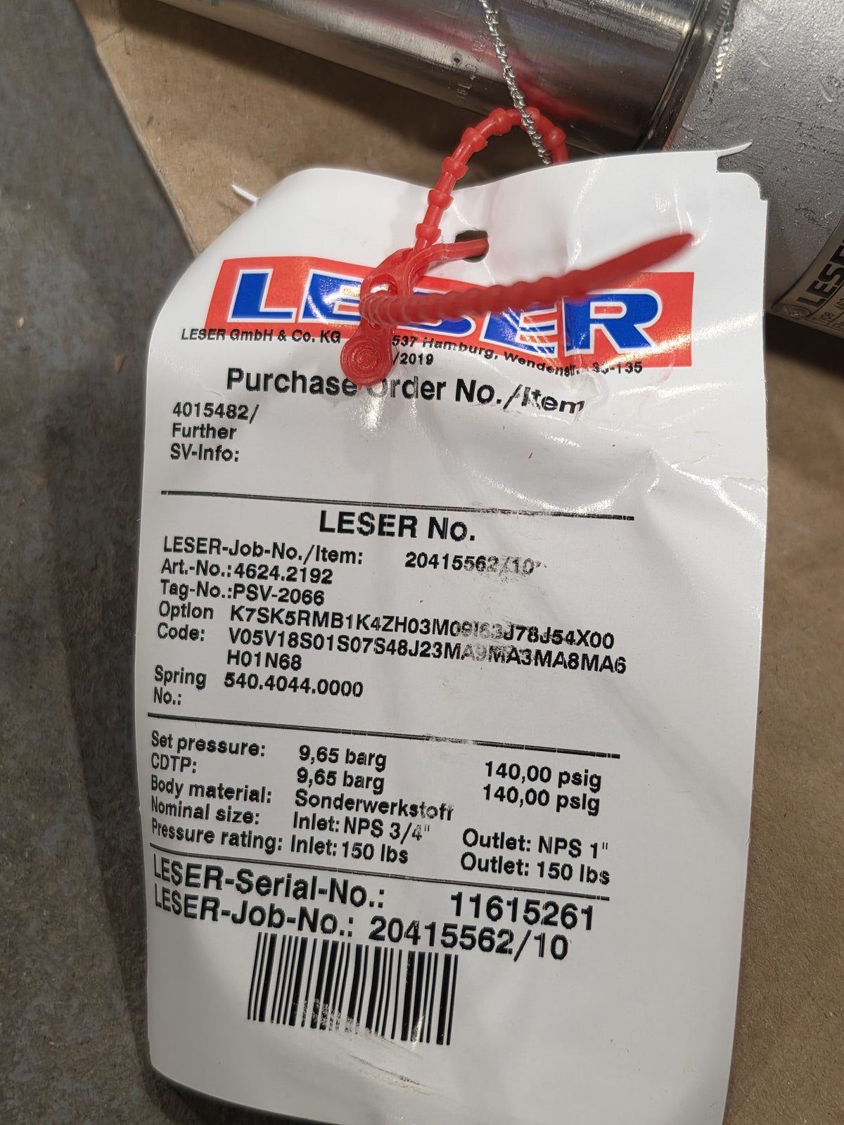 LESER 4624.2192 Safety Relief Valve PSV-2066 NPS 3/4x1 150LB 140PSI Type 462