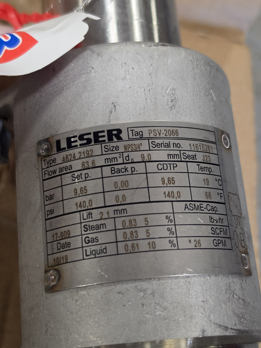 LESER 4624.2192 Safety Relief Valve PSV-2066 NPS 3/4x1 150LB 140PSI Type 462