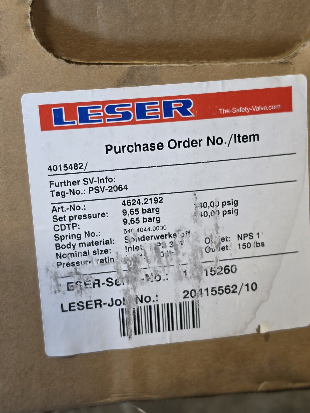 LESER 4624.2192 Safety Relief Valve PSV-2066 NPS 3/4x1 150LB 140PSI Type 462