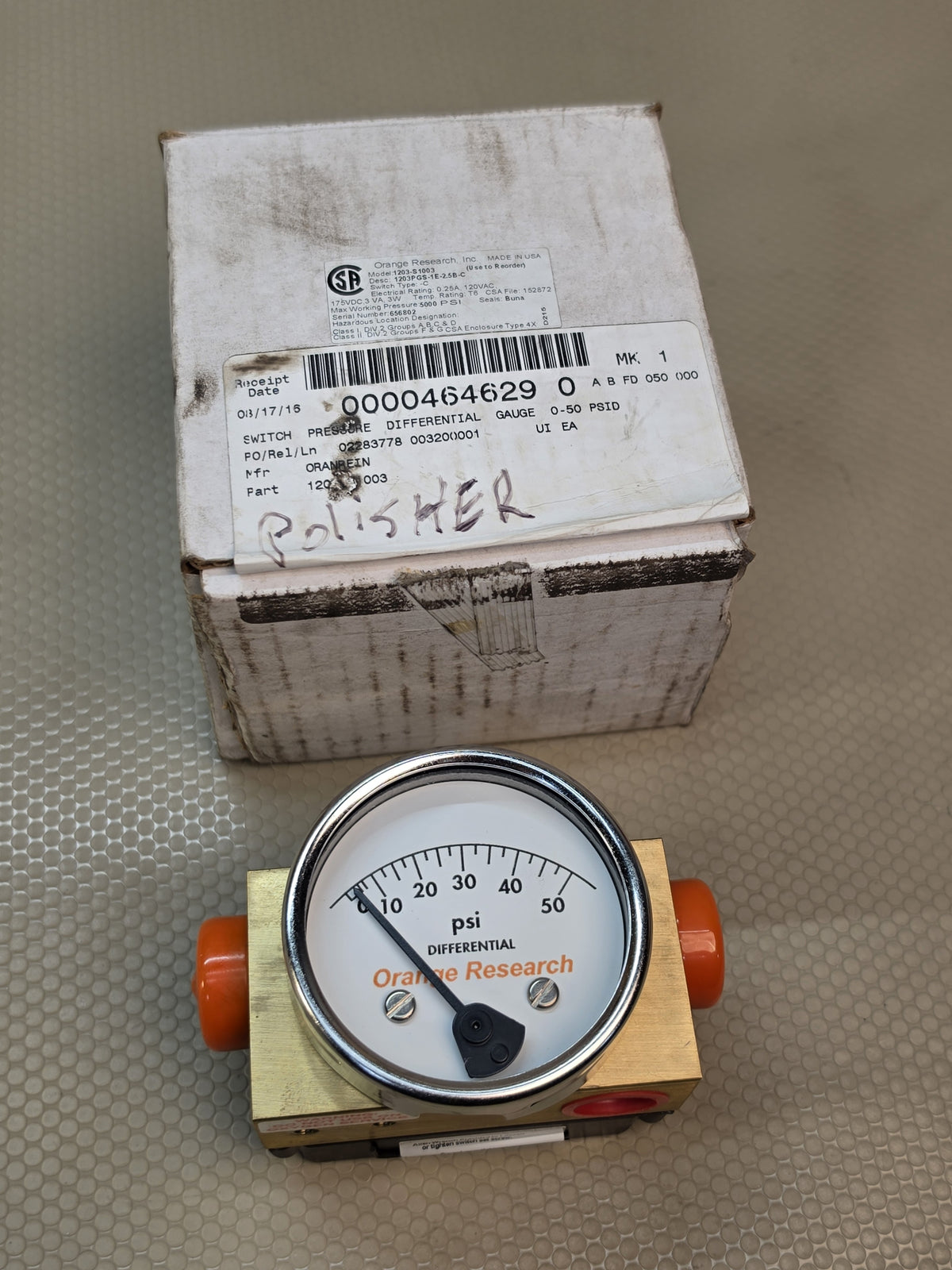 Orange Research 1203PGS-1E-2.5B-C Differential Pressure Gauge Switch 0-50 PSID
