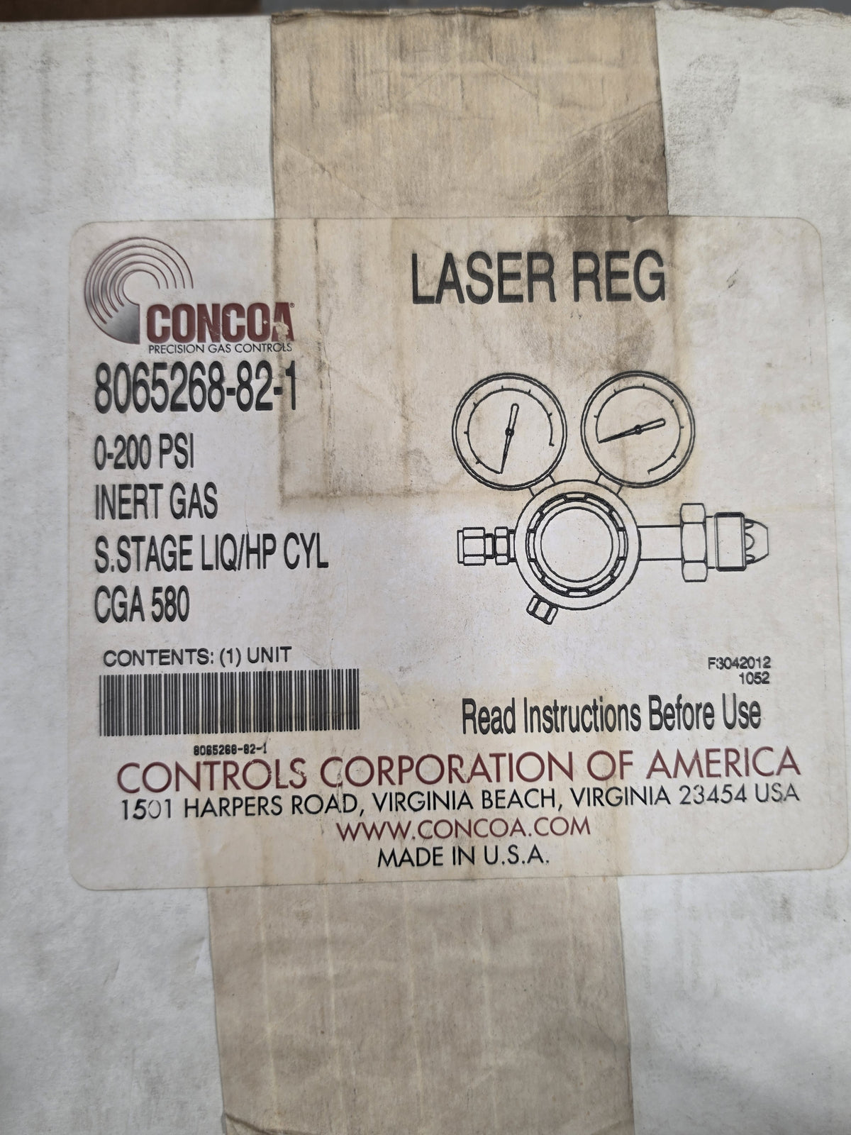 CONCOA 8065268-82-1 LaserStar Inert Gas Regulator CGA 580 0-200 PSI