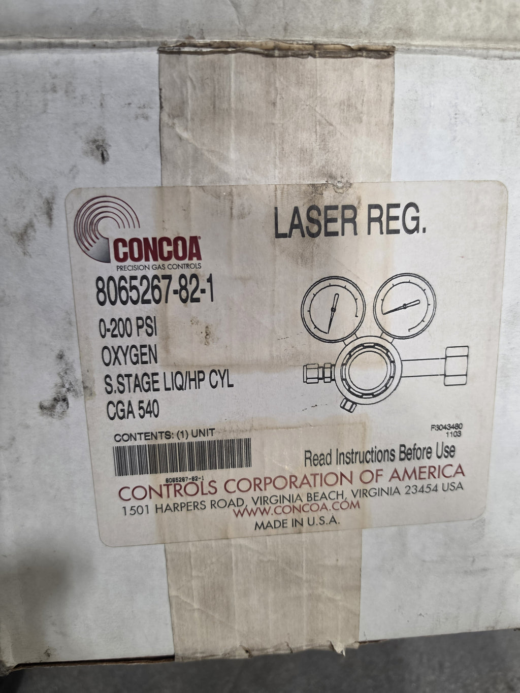 CONCOA 8065267-82-1 LaserStar Oxygen Regulator 0-200 PSI CGA540