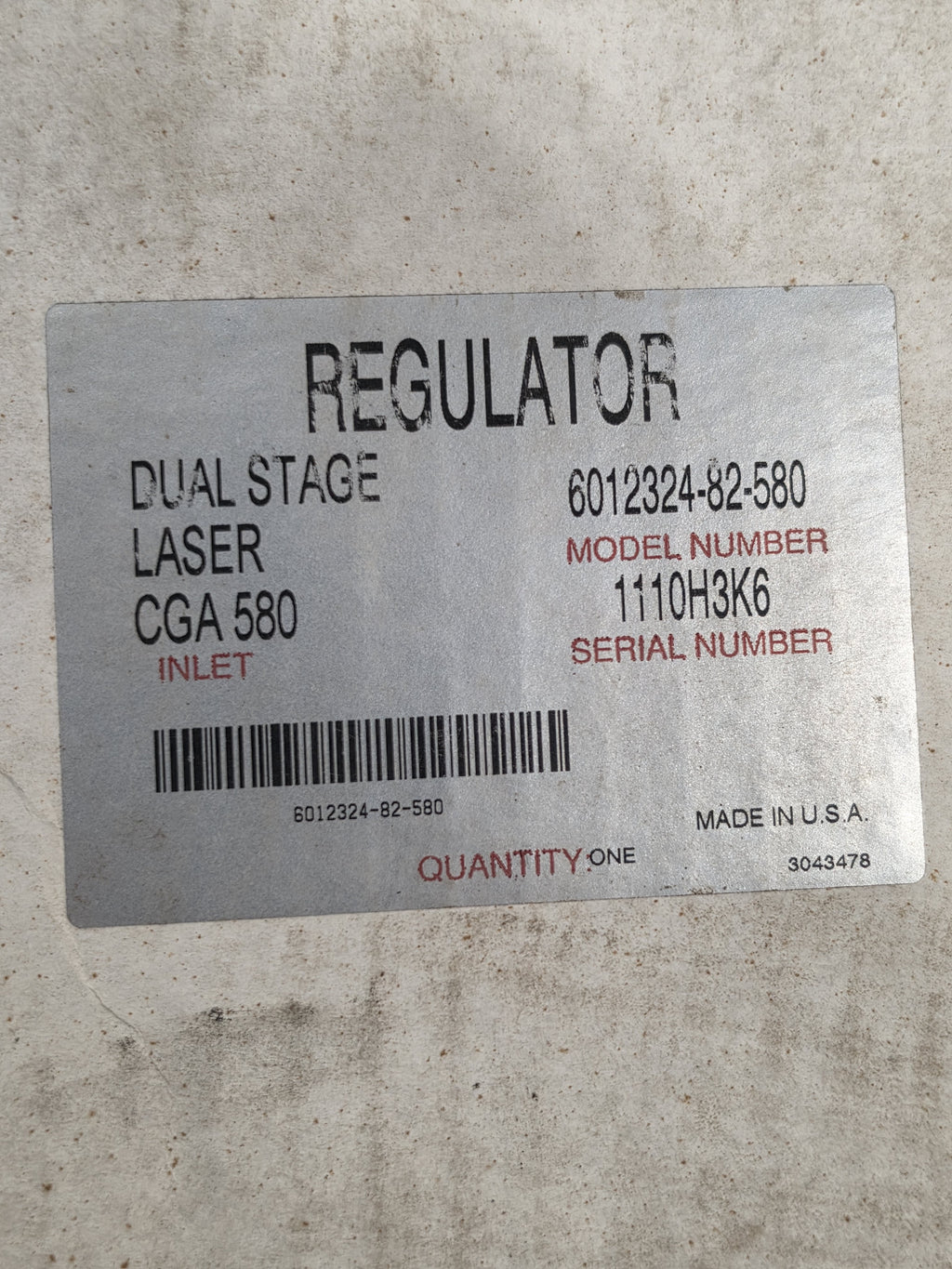 Concoa 6012324-82-580 Praxair LaserStar Dual Stage Regulator CGA 580 Helium