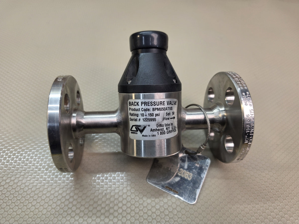 Griffco BPM050ATVS 1/2in Back Pressure Valve 316SS Flanged PTFE/Viton 10-150 PSI