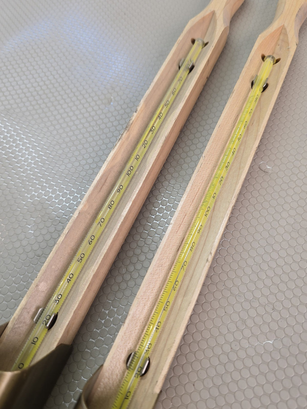 Robinson Pair of Tank Gauging Thermometers Wood Brass Cup 10-110F Oil Centrifuge