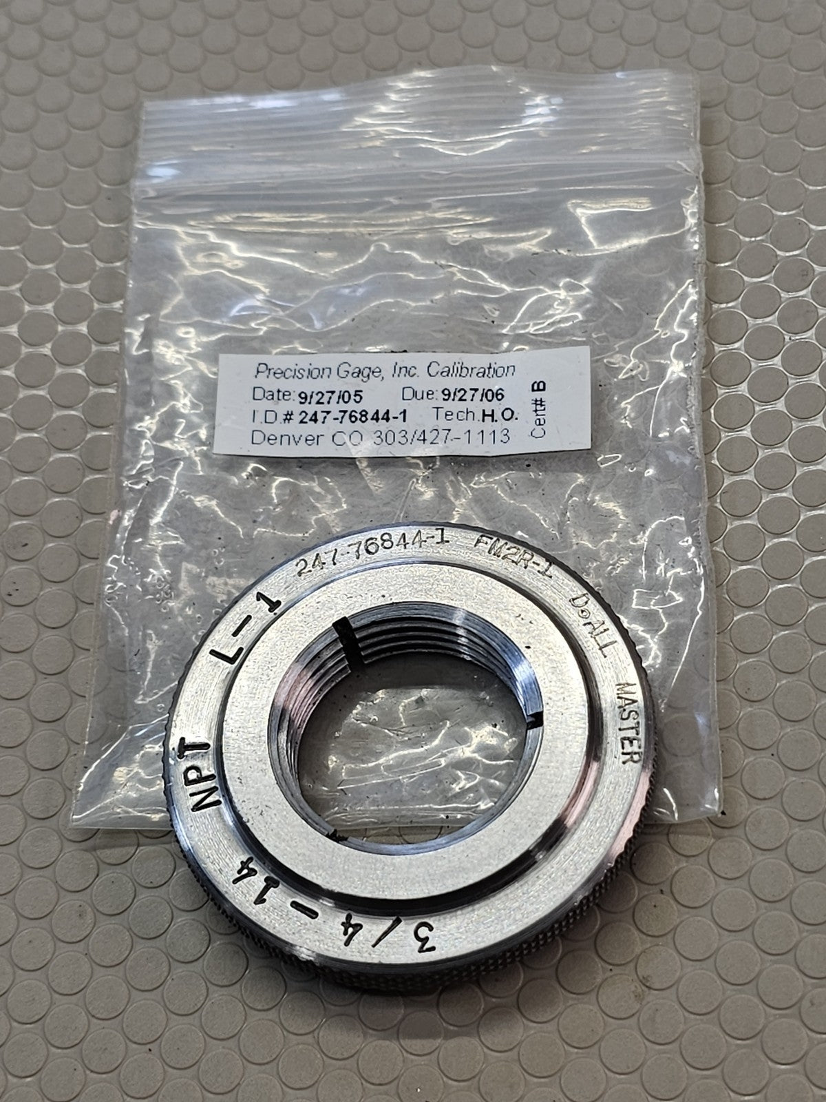 DoALL 3/4-14 L1 NPT  MASTER REFERENCE SETTING PIPE THREAD RING GAGE .75 .750