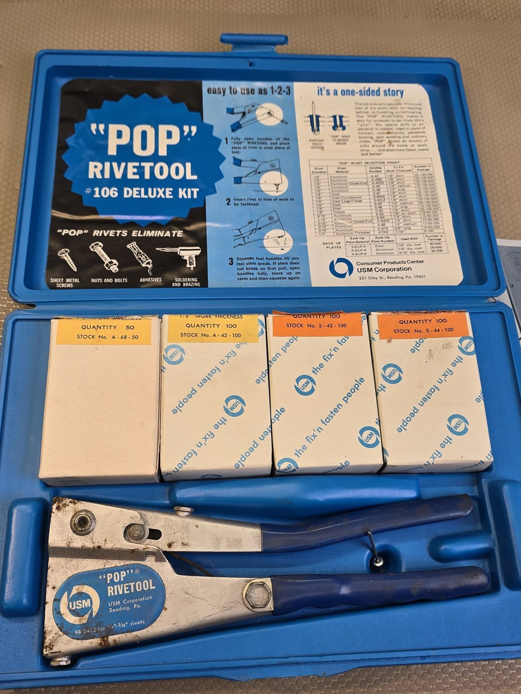 Vintage POP USM No. 106 Rivetool Deluxe Kit Hand Riveter w/ Rivets & Case