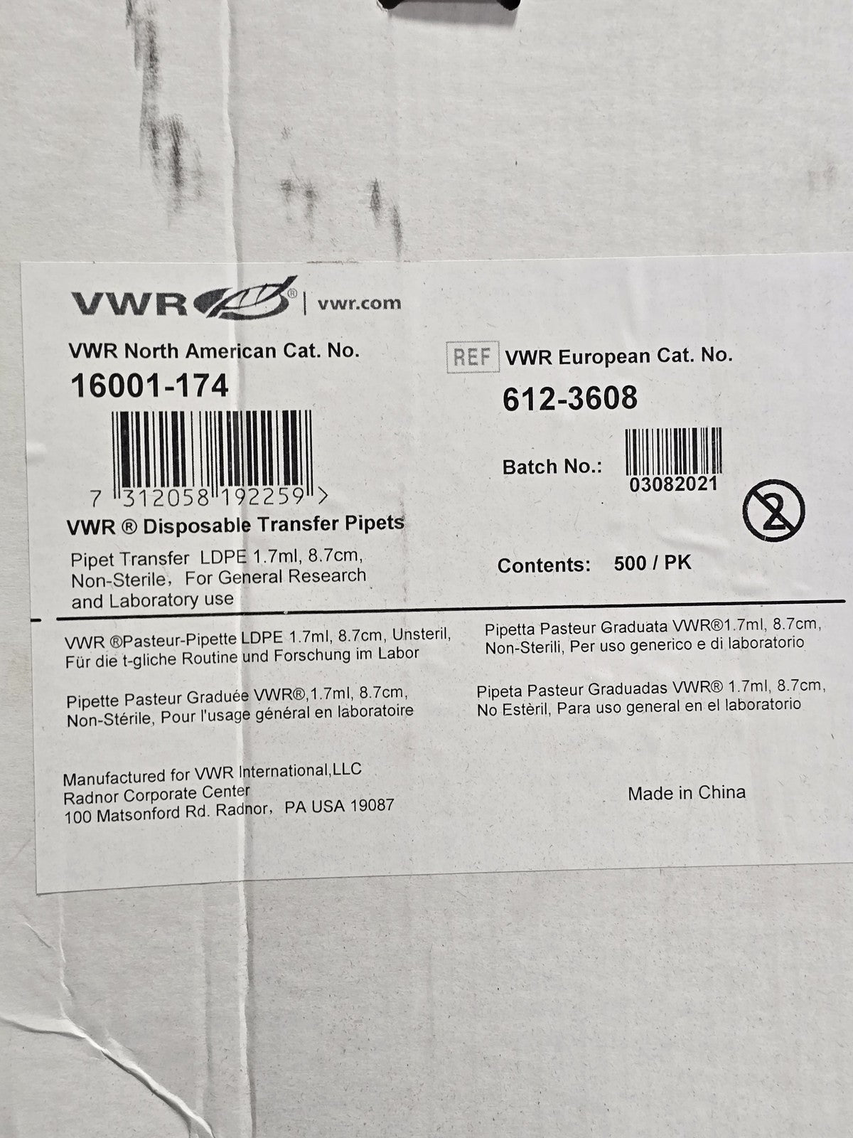 VWR 16001-174 Disposable Transfer Pipets LDPE 1.7ml 8.7cm 500/PK