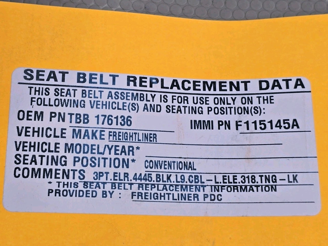 Thomas Built 176136 Seat Belt Assembly Saf-T-Liner C2 Freightliner IMMI F115145A