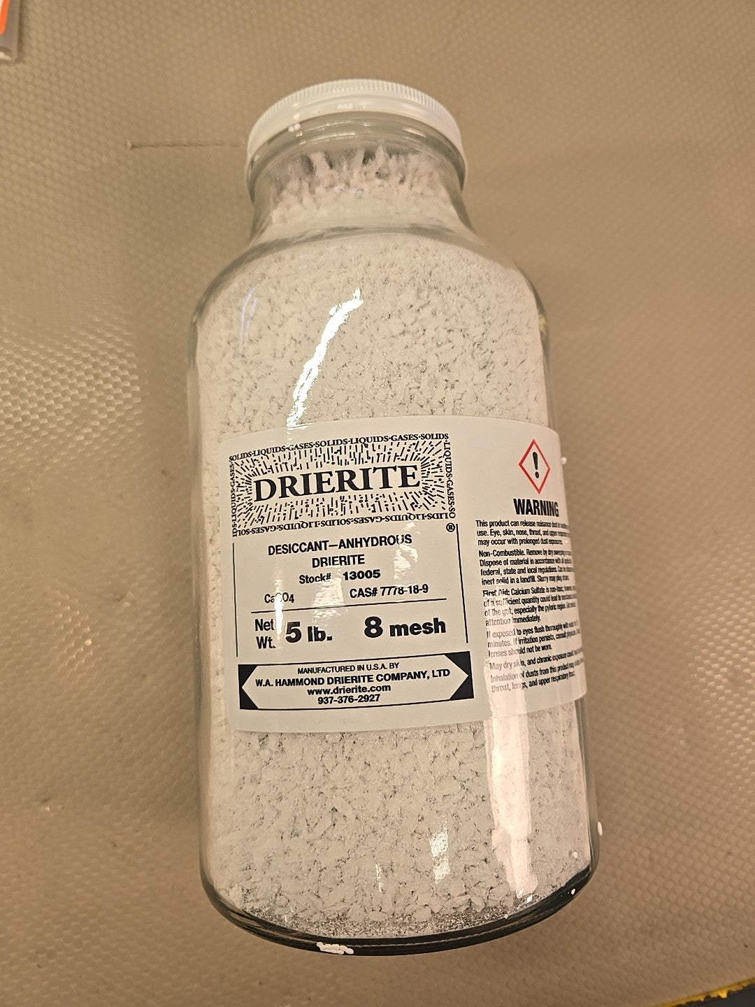 Drierite Anhydrous Desiccant Model 13005 Size 8 Mesh Calcium Sulfate 5lb Jar