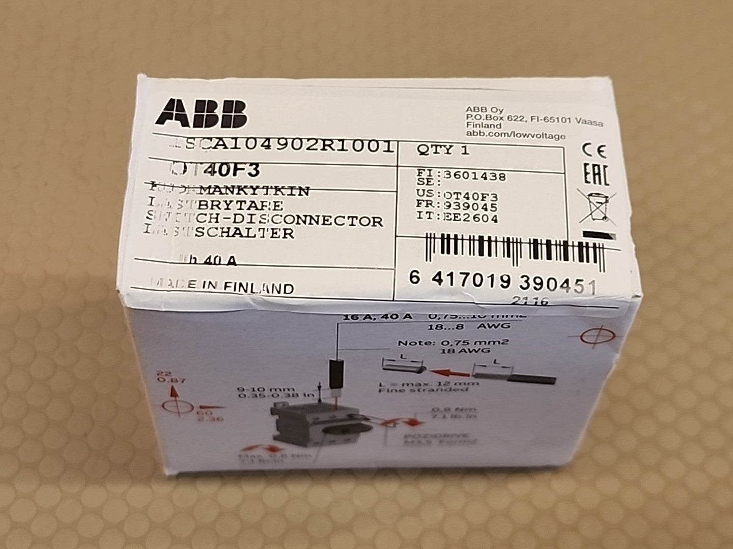 New ABB OT40F3 1SCA104902R1001 40A Disconnector 