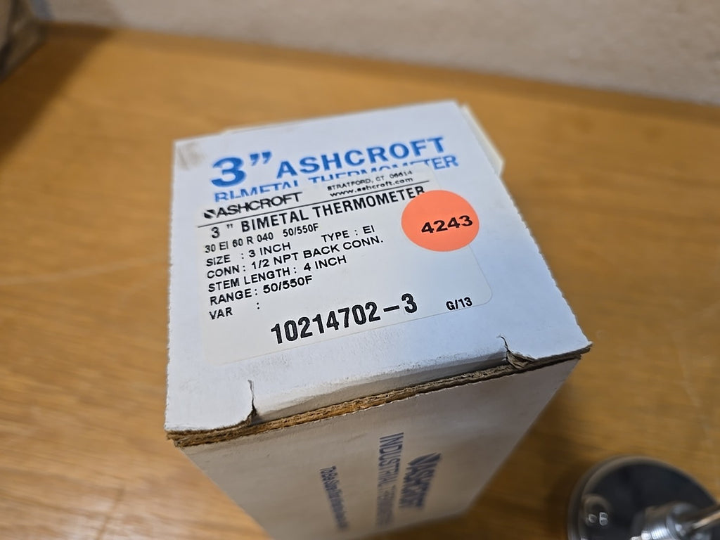 50/550°F Ashcroft Bi-Metallic Thermometer, 4"Stem, 3" Dial