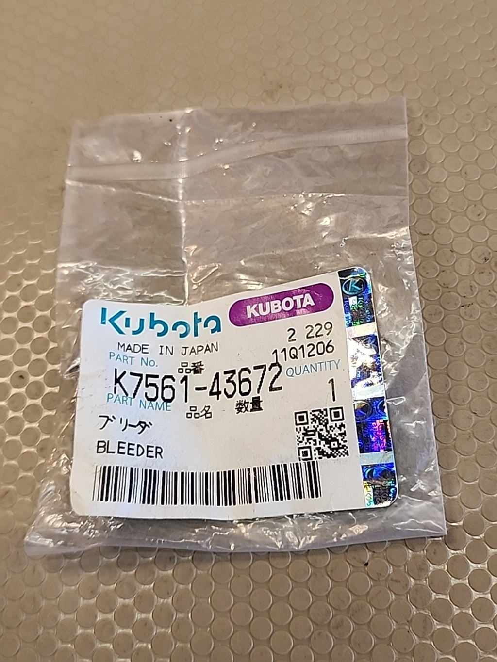 New OEM Fuel Bleeder Valve K7561-43672 Kubota