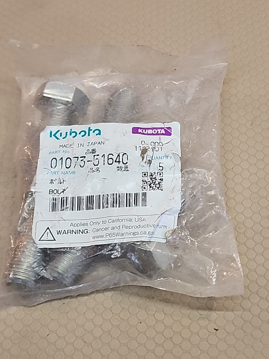 Kubota 01073-51640 Bolt OEM Hardware – Sealed Pack of 5 – Made in Japan