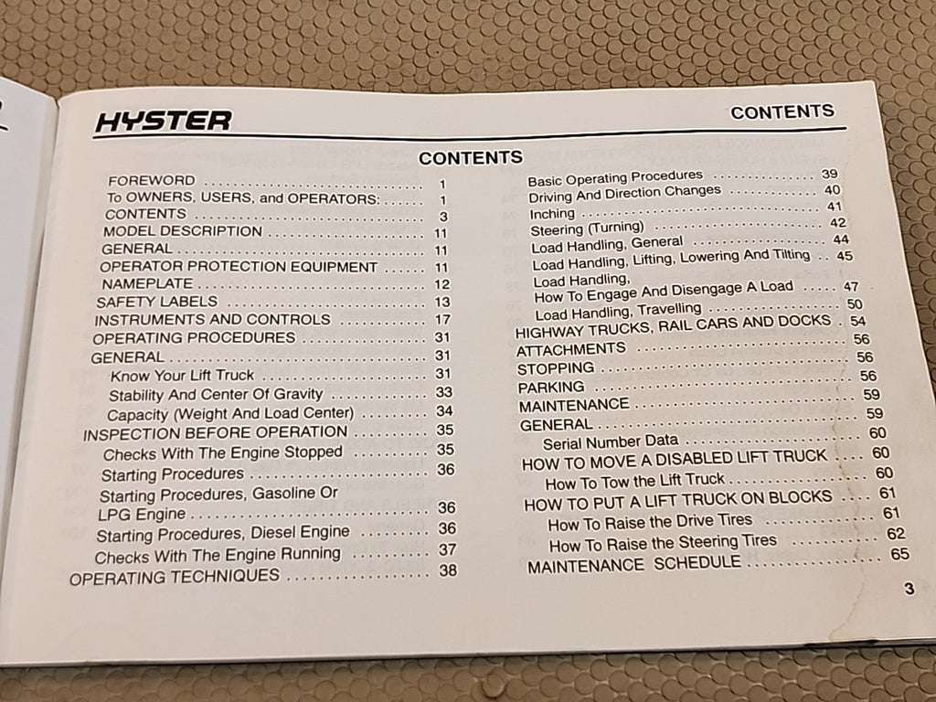Hyster Operating Manual Challenger/Spacesaver Part  Number 1458874