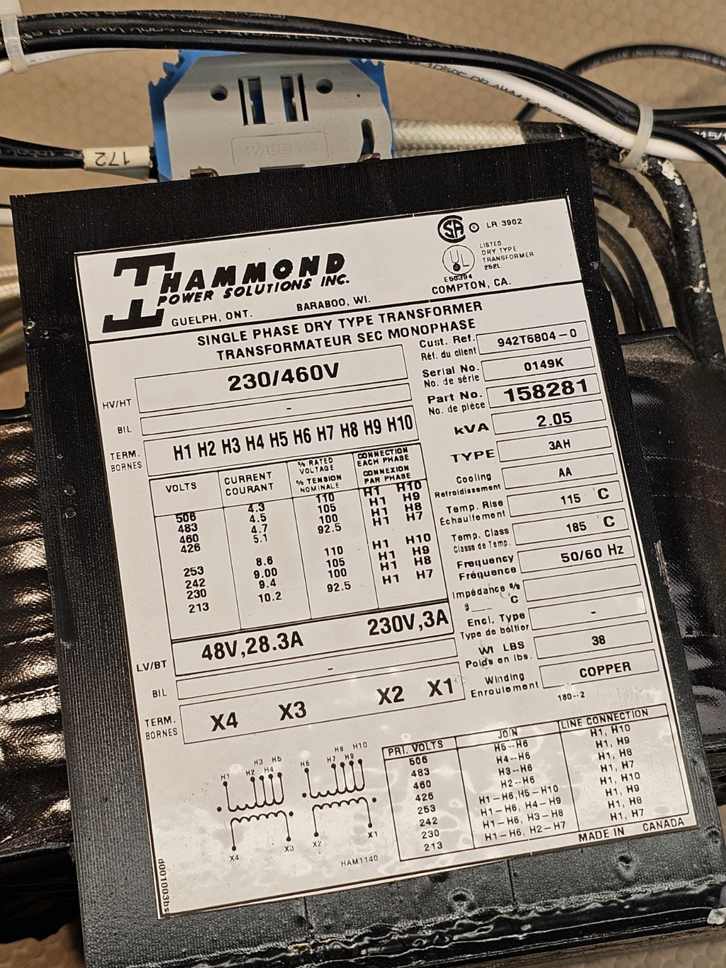 Hammond Single Phase Dry Type Transformer 158281 230/460v