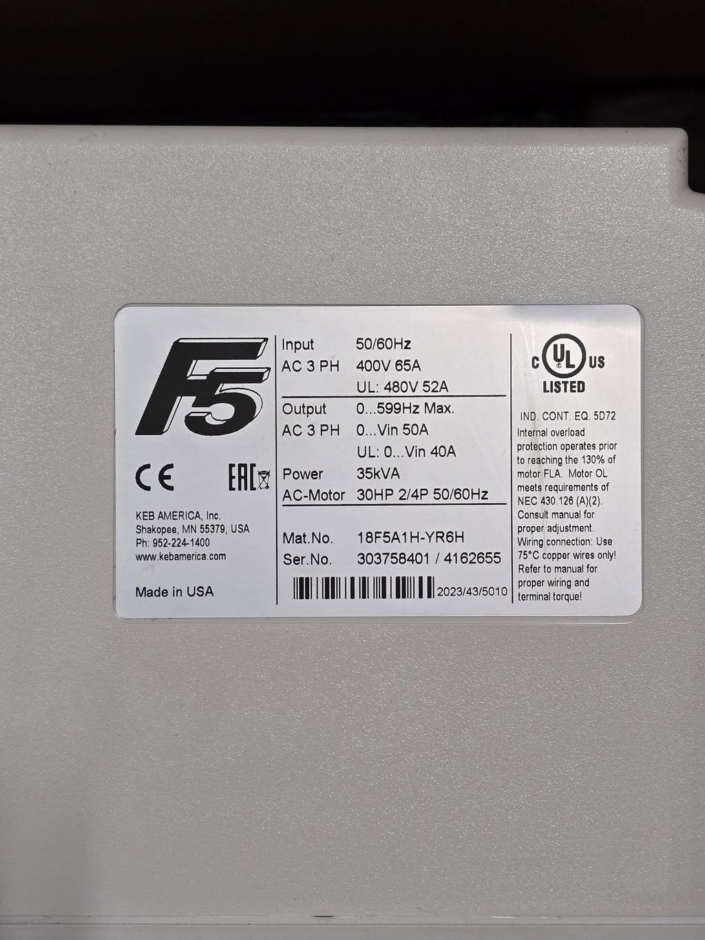 NEW KEB 18F5A1H-YR6H F5 VFD AC Motor Drive Inverter 30HP 480V 3-Phase New