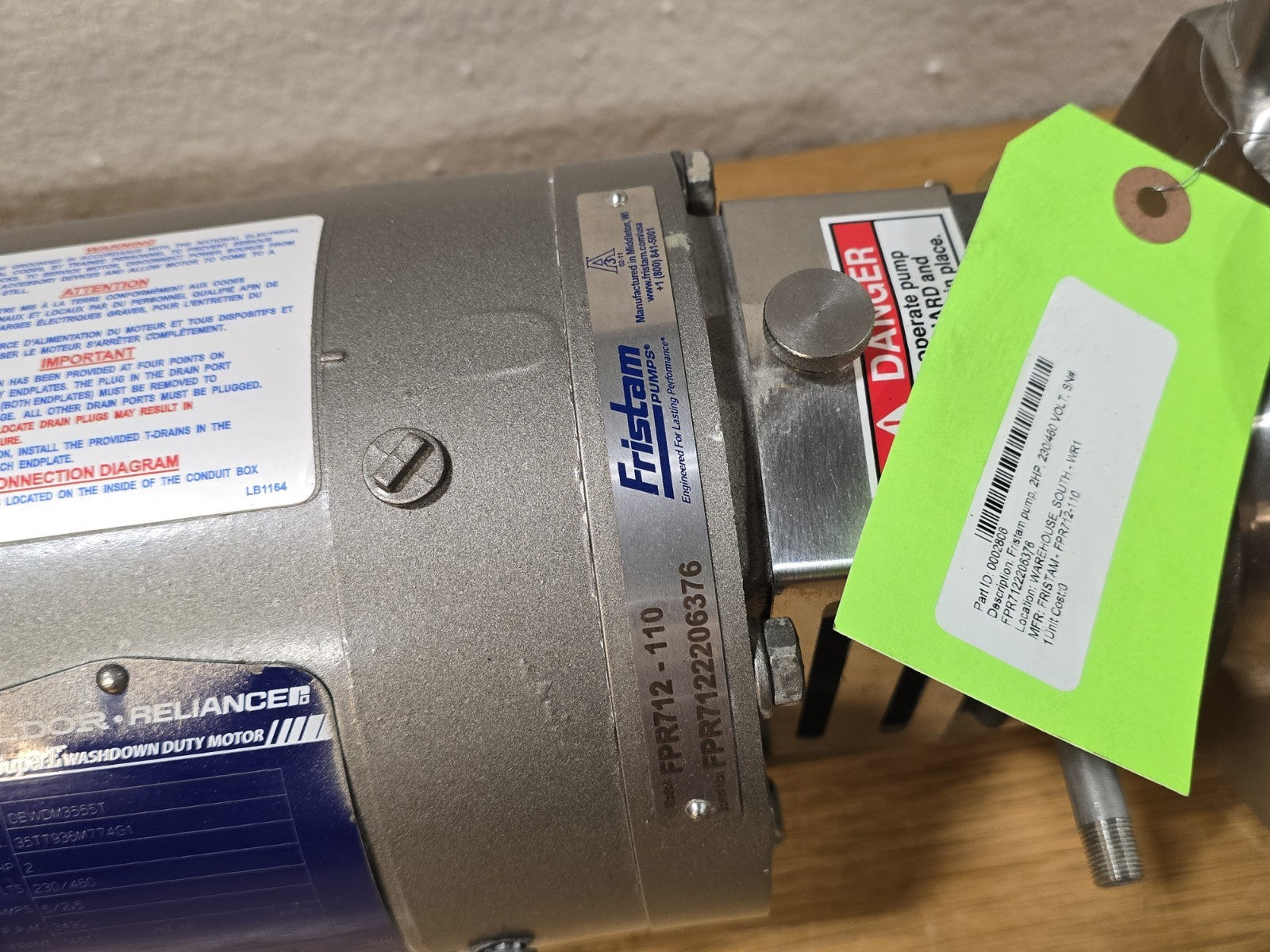 NEW! Fristam FPR 712-110 Hygeinic Centrifugal Pump Baldor CWDM3555T 2HP 3450RPM