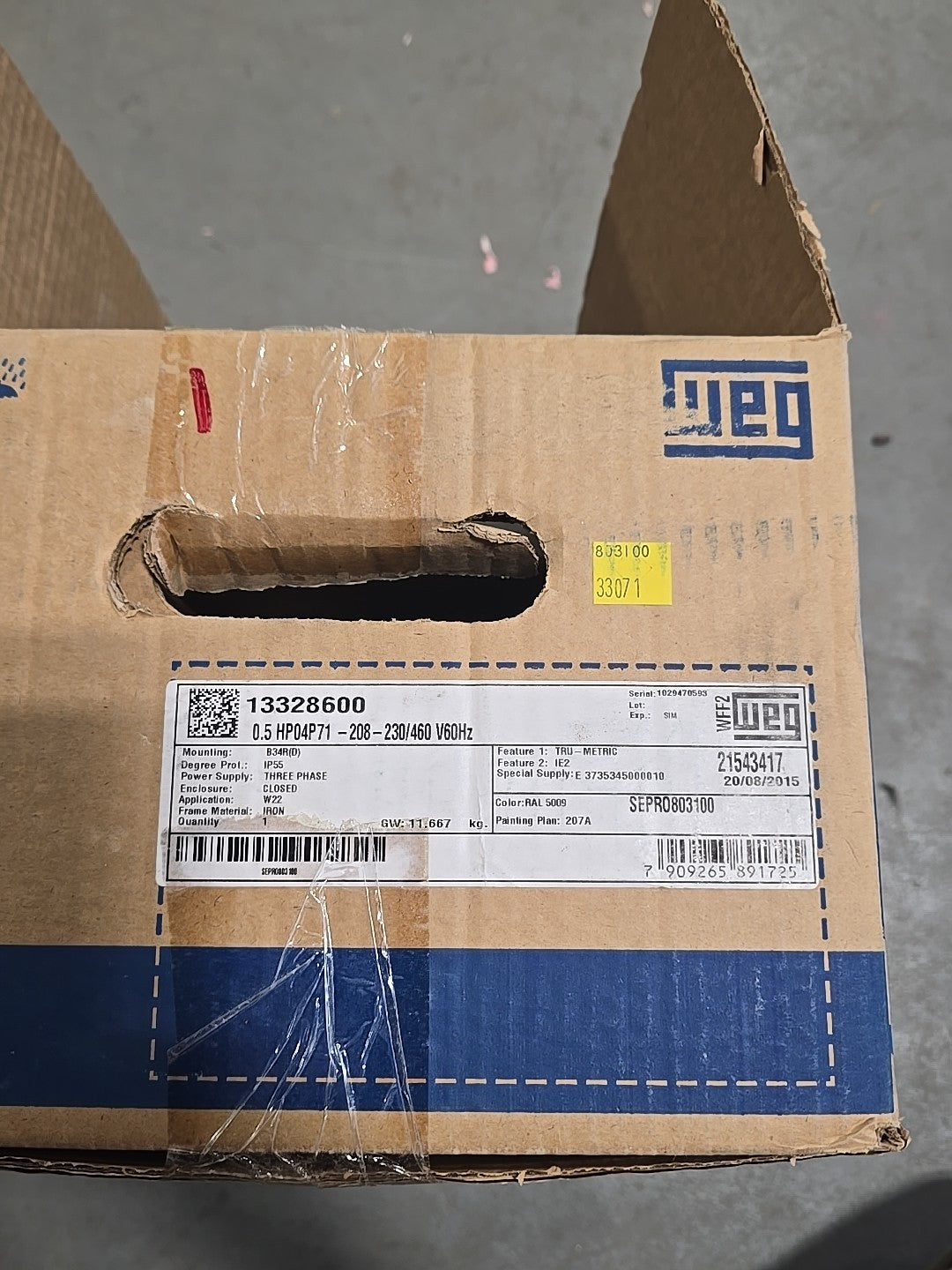 WEG W22 Electric Motor 0.5HP 1750RPM 3PH 71 Frame B34R C-Face 230/460V 13328600