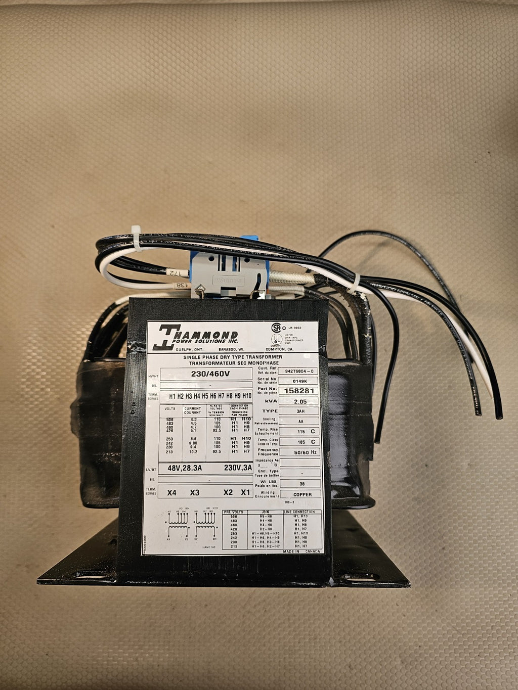 Hammond Single Phase Dry Type Transformer 158281 230/460v