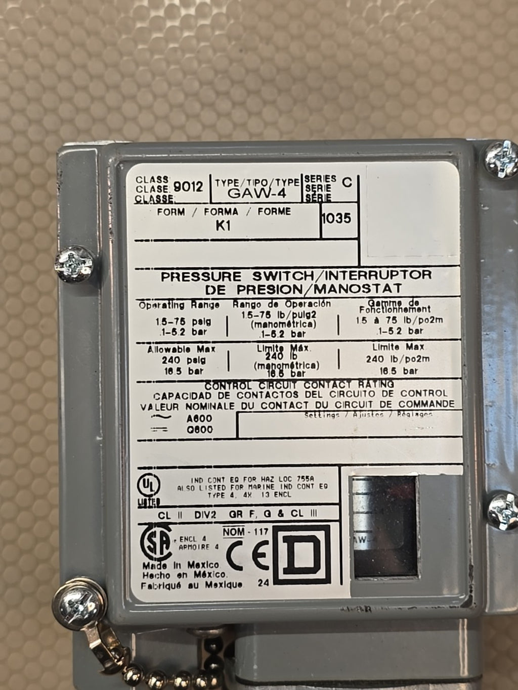 Square D 9012GAW-4 9012 GAW-4 Pressure Switch