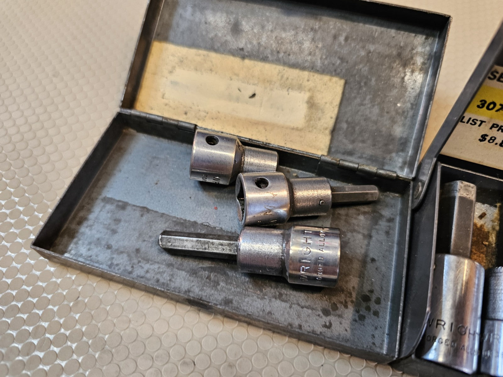 (2) Wright Tool allen Hex bit Sockets in vintage metal tray made in USA 