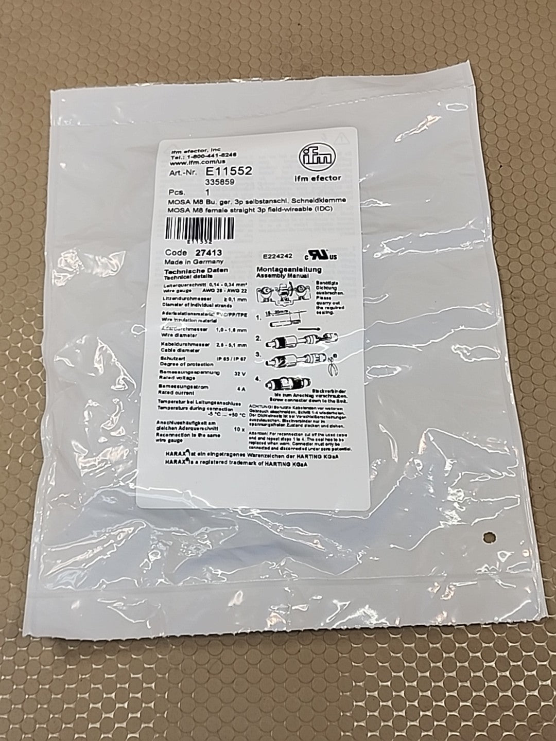 IFM EFECTOR E11552 NSMP MOSA M8 female straight 3p field wireable 