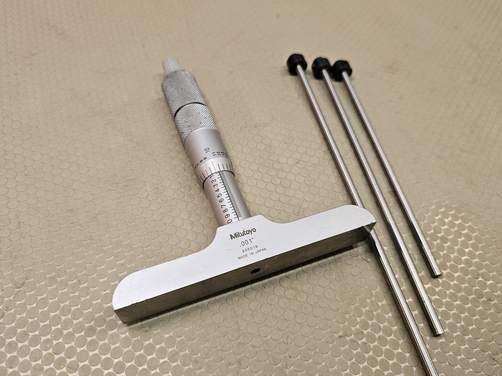 Mitutoyo 129-131 Depth Micrometer Set .001" Grad - DMC 4" Base With 3 Rods Long