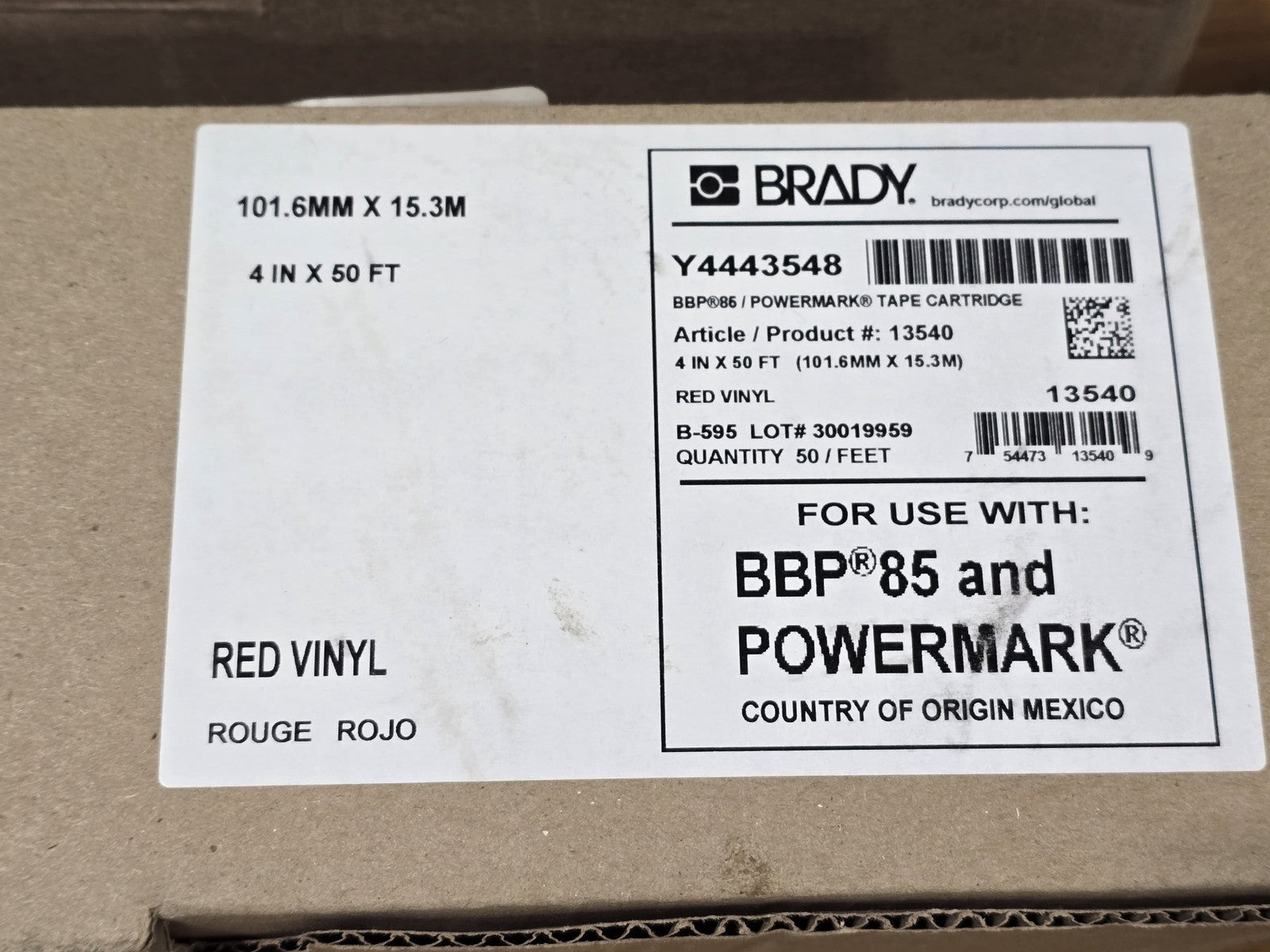 BRADY 13540 BBP85 POWERMARK Red Vinyl Tape Cartridge 4IN x 50FT