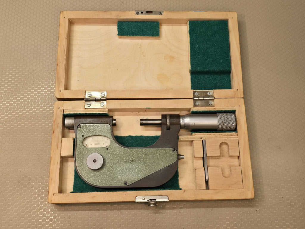 VIS 1–2 Inch Dial Micrometer .0001 Graduation With Wood Case Made In Poland
