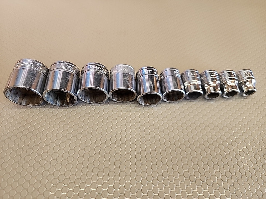 Vintage Snap On 10 pc 3/8" Dr 6,8 and 12-Pt SAE Shallow Socket Set mixed sizes 