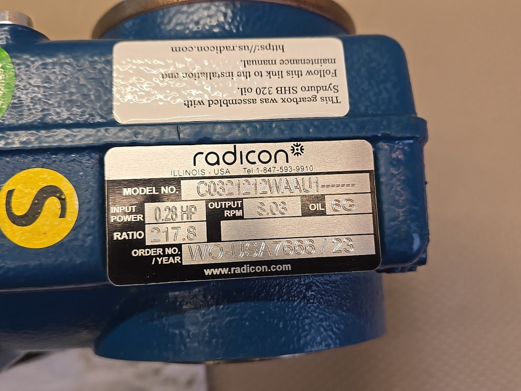 Radicon C0321212WAAU1 Worm Gear Reducer Gearbox 217.3:1 Ratio 0.28HP NEW