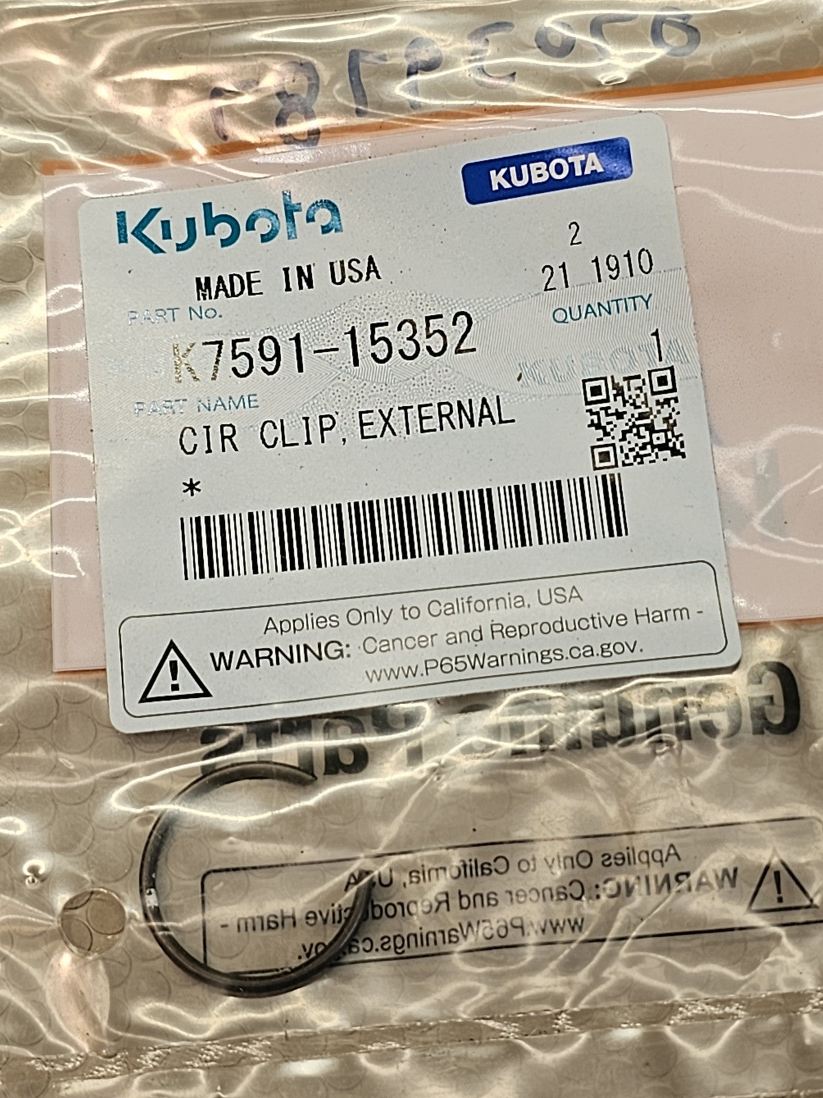 Kubota K7591-15352 External Circlip Retaining Ring Snap Ring OEM Made in USA