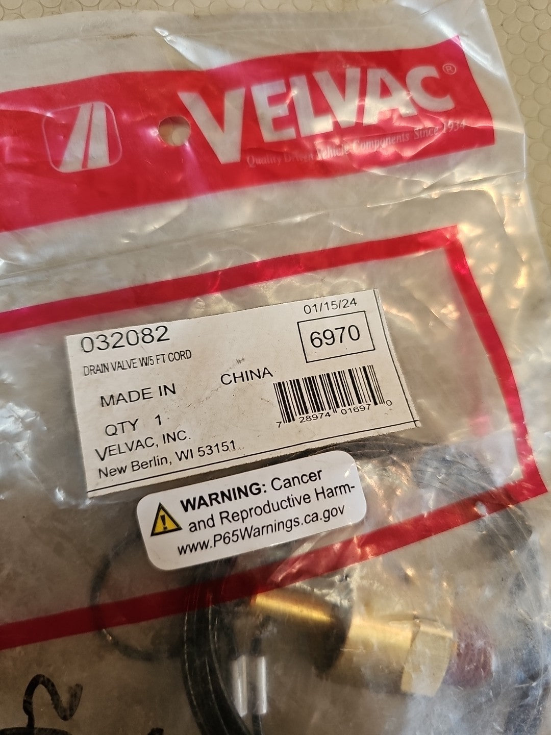 NOS Velvac Drain Valve W/cable 03282