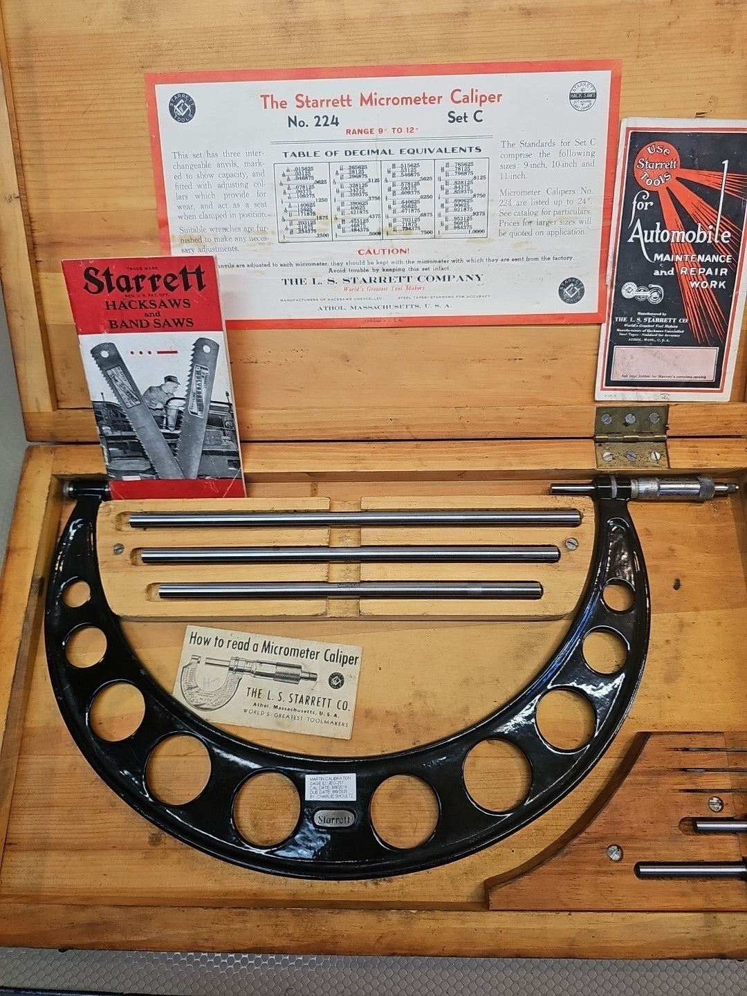 Starrett No. 224 Micrometer Set C 9" to 12" *MINTY* + Cool Vintage Papers!