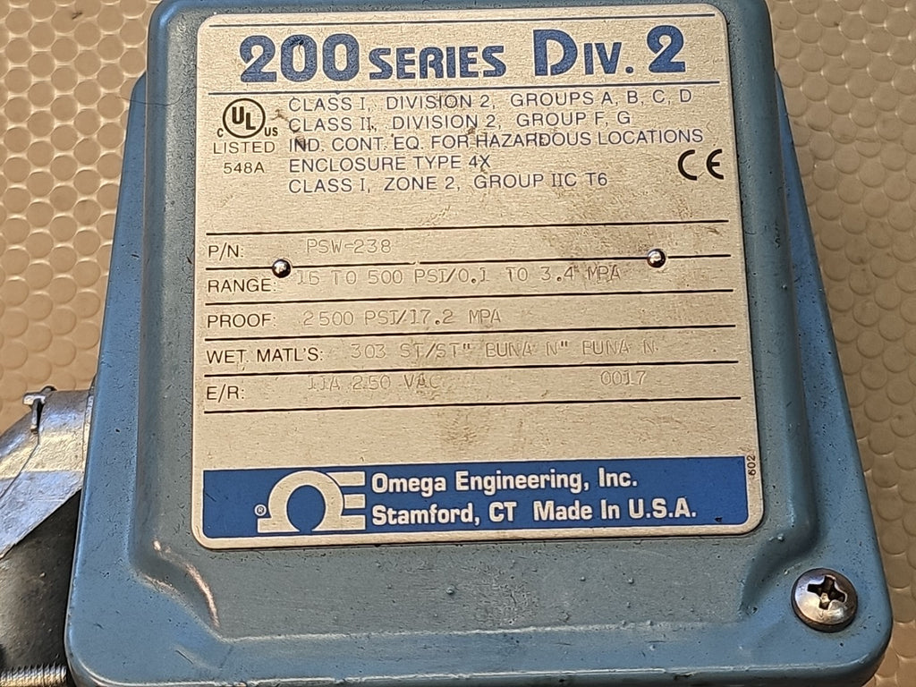 Omega PSW-238 Industrial Pressure Switch 15-500 PSI 250 VAC 11 A 