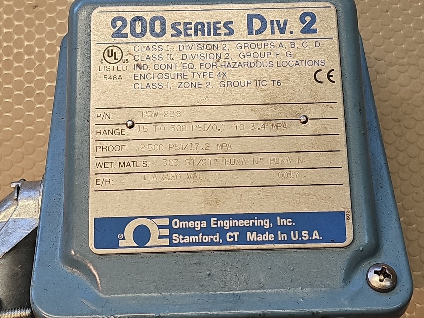 Omega PSW-238 Industrial Pressure Switch 15-500 PSI 250 VAC 11 A 