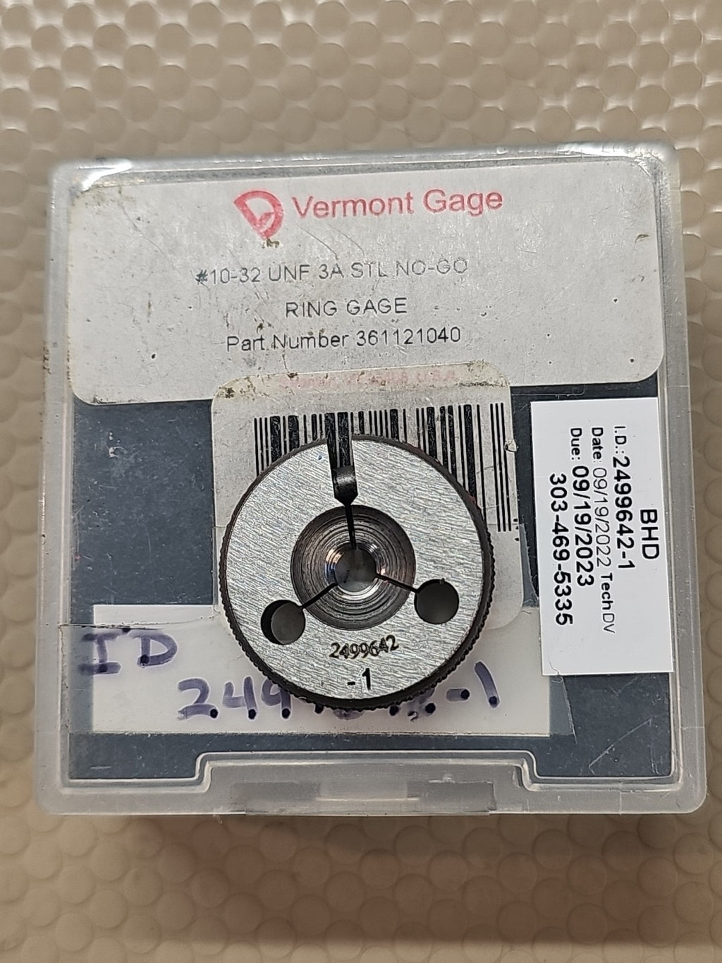 Vermont Gage #10-32 UNF-3A Go PD .1674 Thread Inspection Ring Gage