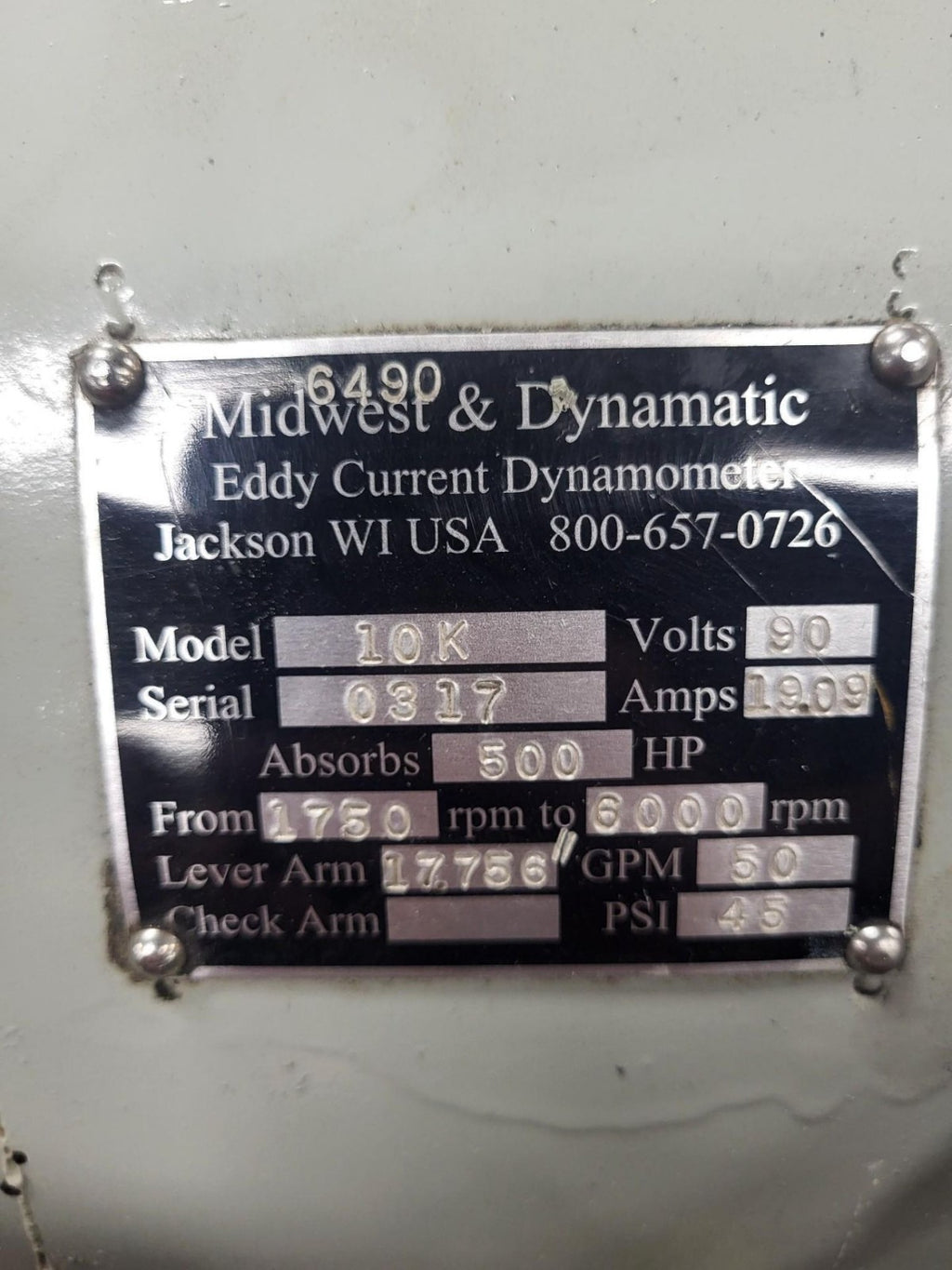 GE Midwest & Dy Eddy Current 10K 500 HP DYNAMOMETER 2500 8000 RPM Dyno Engine