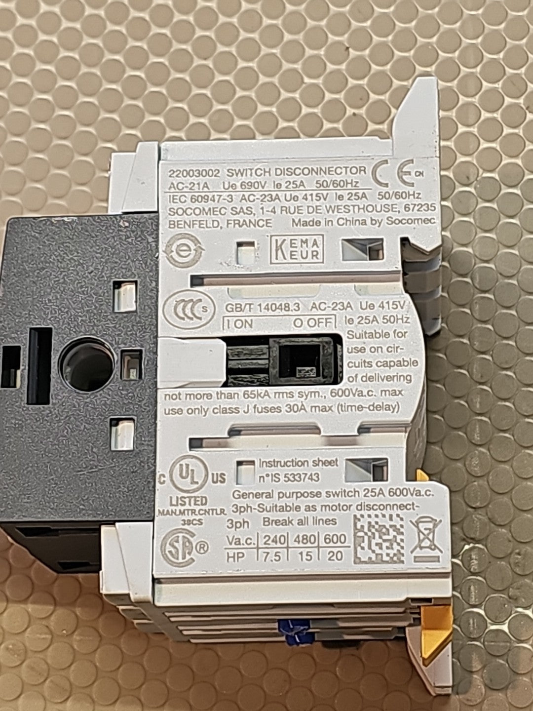 Socomec 22003002 Load Break Switch 25a Amp 600v-ac 3p