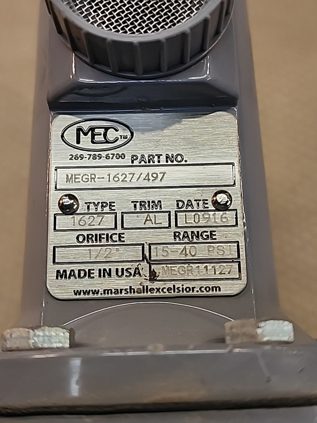MEC PRESSURE REGULATOR #MEGR-1627/497 TYPE 1627 RANGE 15-40 PSI TRIM ALUM