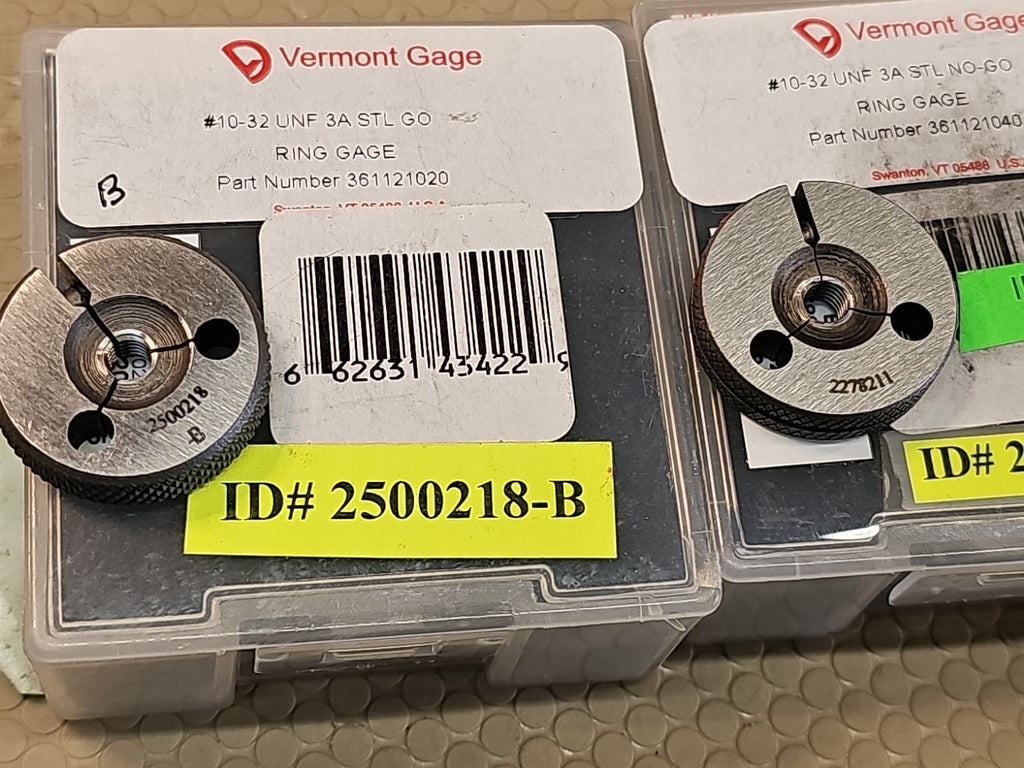 Vermont Gage 361121020 & 361121040 Threaded Go/No Go Ring Gage: #10-32 UNF 