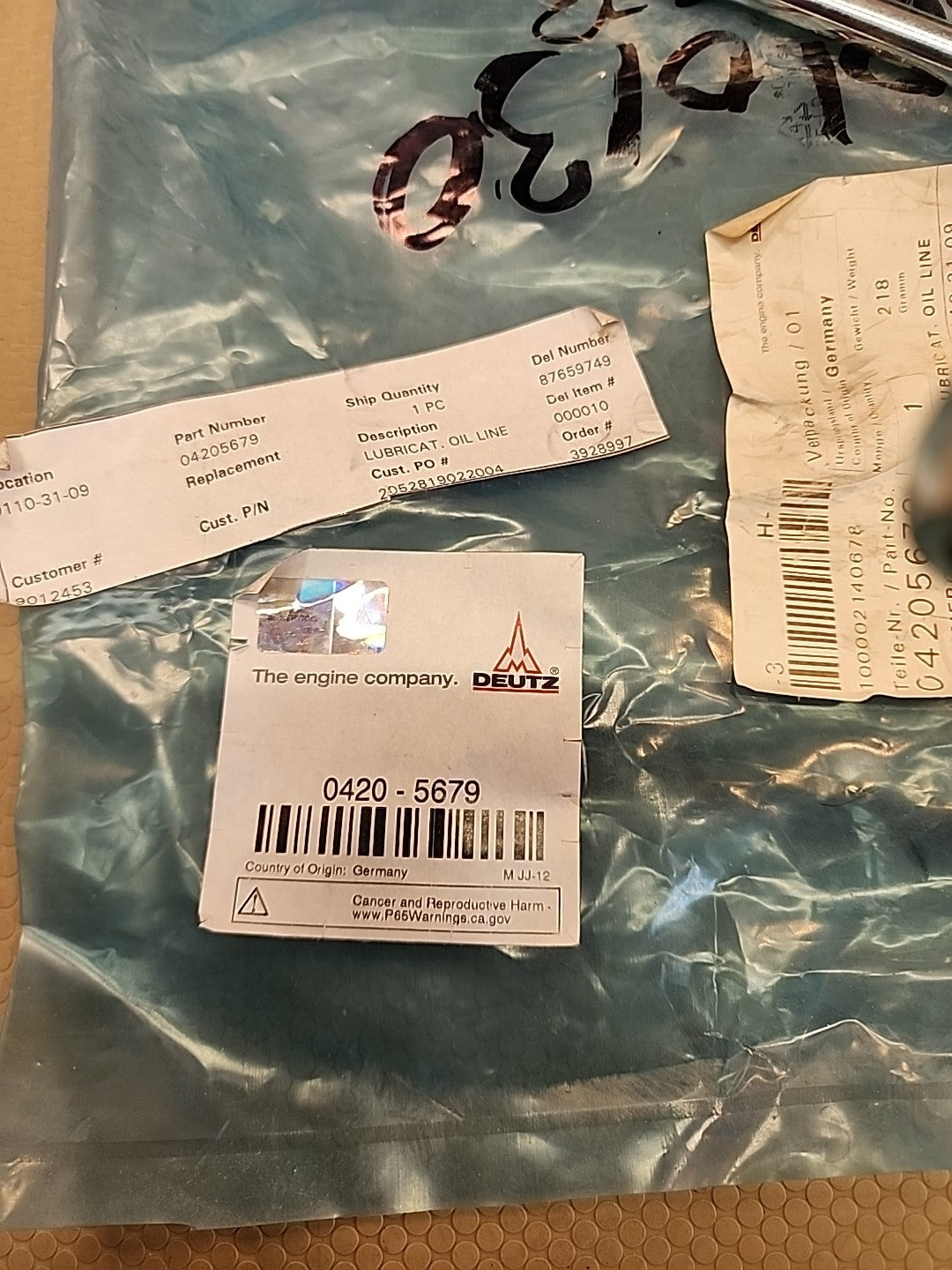 Deutz OEM Part No. 0420-5679 NEW 1 Lubrication Oil Line 