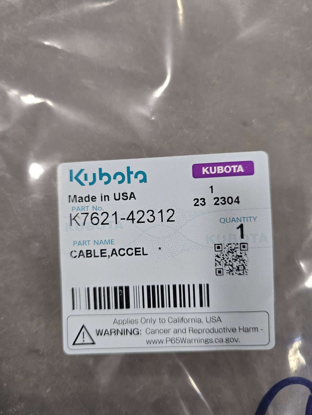 Kubota OEM K7621-42312 Accelerator Cable RTV-X1140 RTV-X1130 RTV-X900 NOS