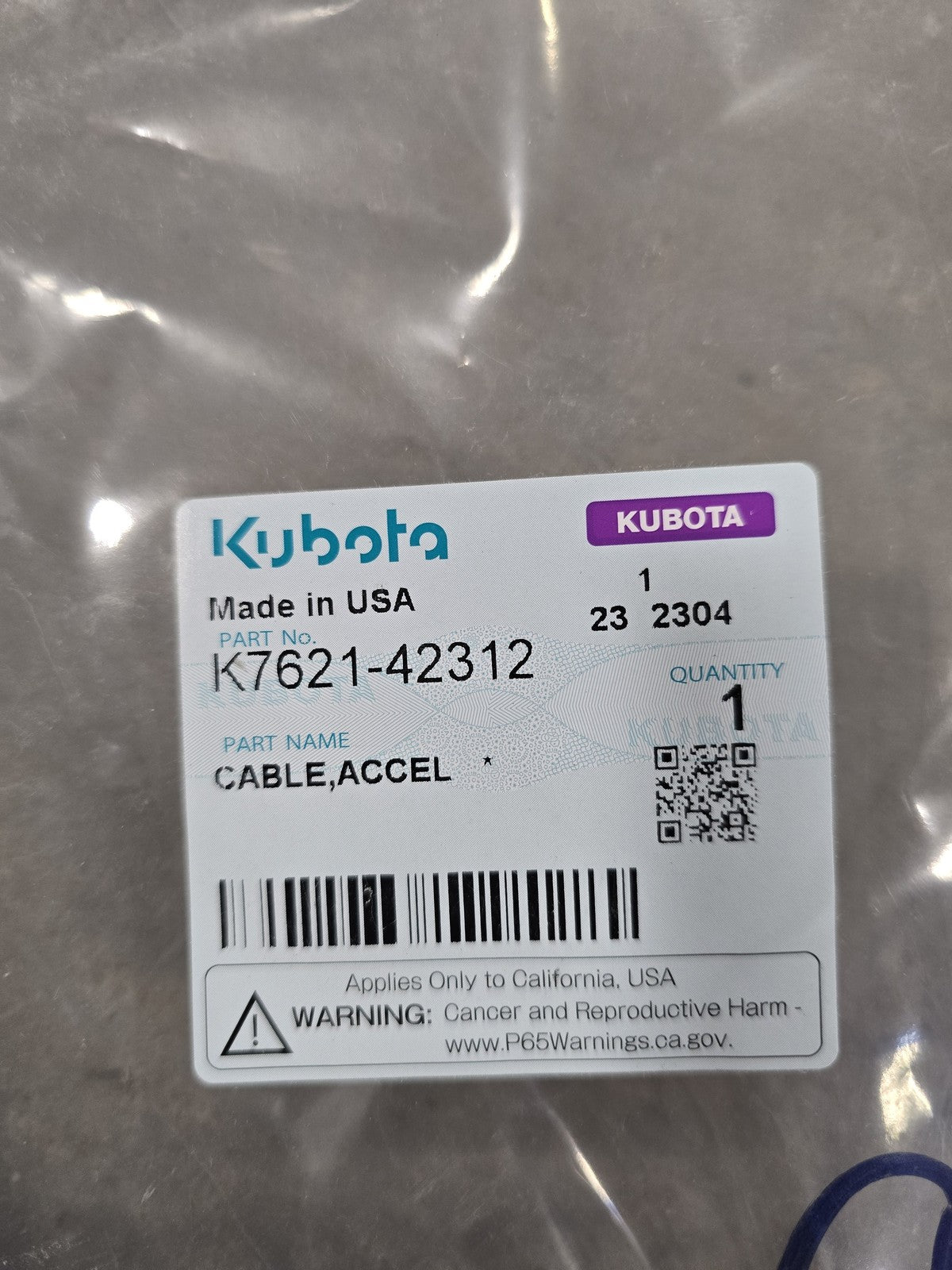 Kubota OEM K7621-42312 Accelerator Cable RTV-X1140 RTV-X1130 RTV-X900 NOS