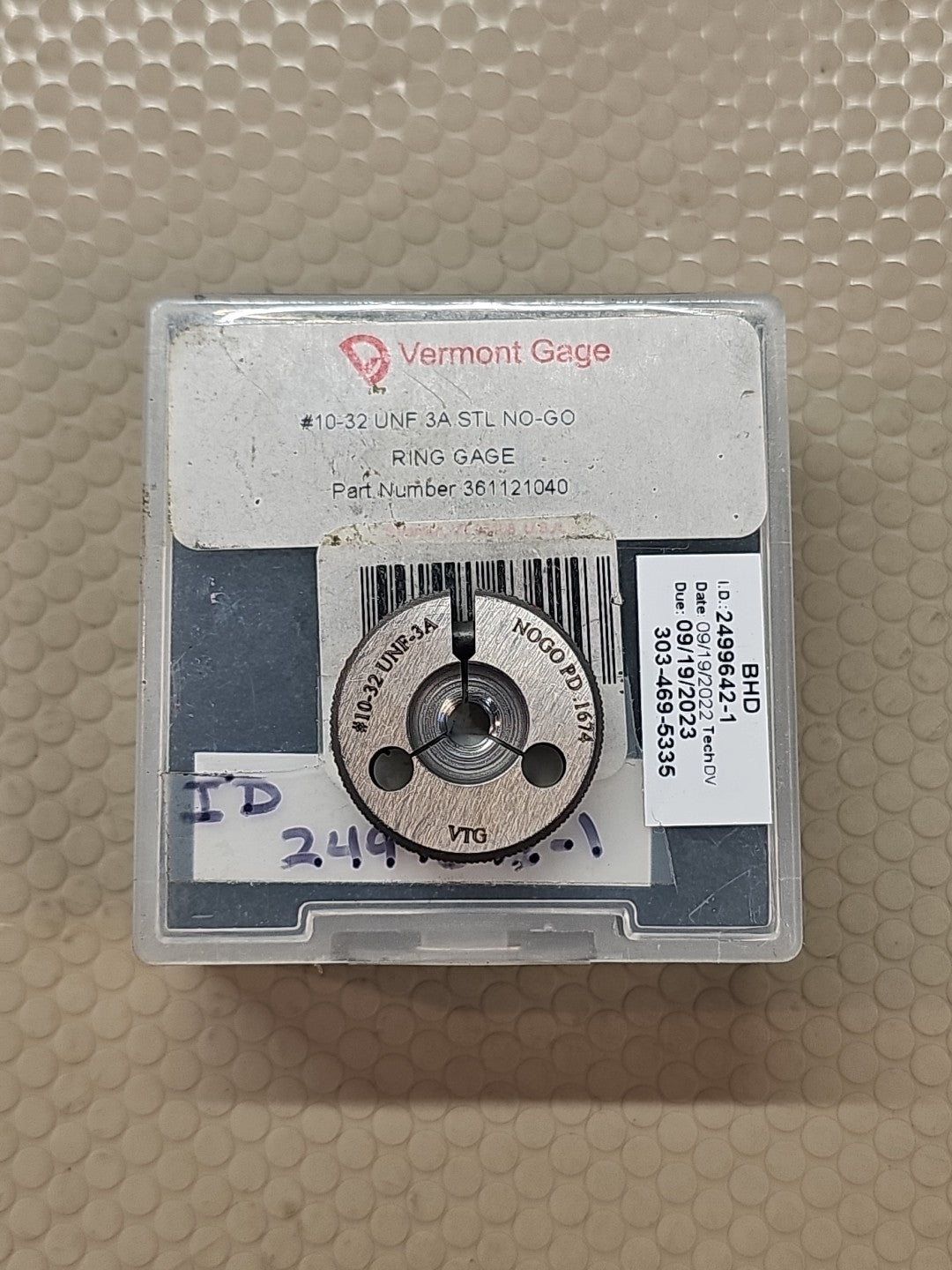 Vermont Gage #10-32 UNF-3A Go PD .1674 Thread Inspection Ring Gage