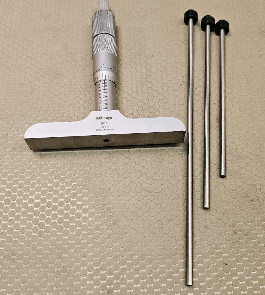 Mitutoyo 129-131 Depth Micrometer Set .001" Grad - DMC 4" Base With 3 Rods Long