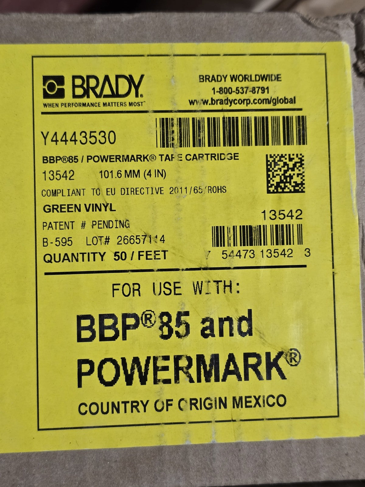 BRADY 13542 Y4443530 BBP85 POWERMARK Tape Cartridge Green Vinyl 4IN 50FT