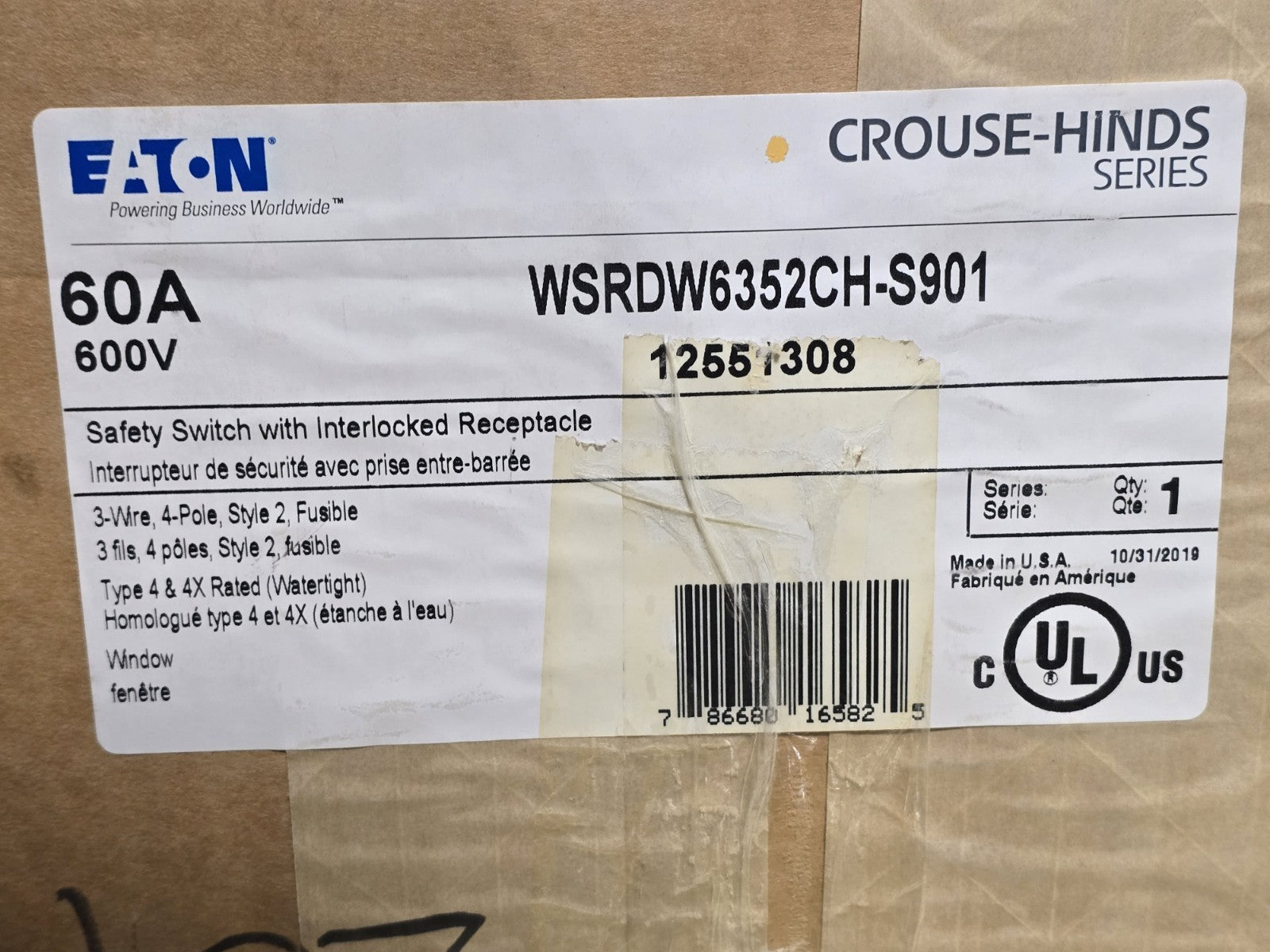 Eaton Crouse-Hinds WSRDW6352CH-S901 Arktite 60A 600V Interlocked S901 *NEW*
