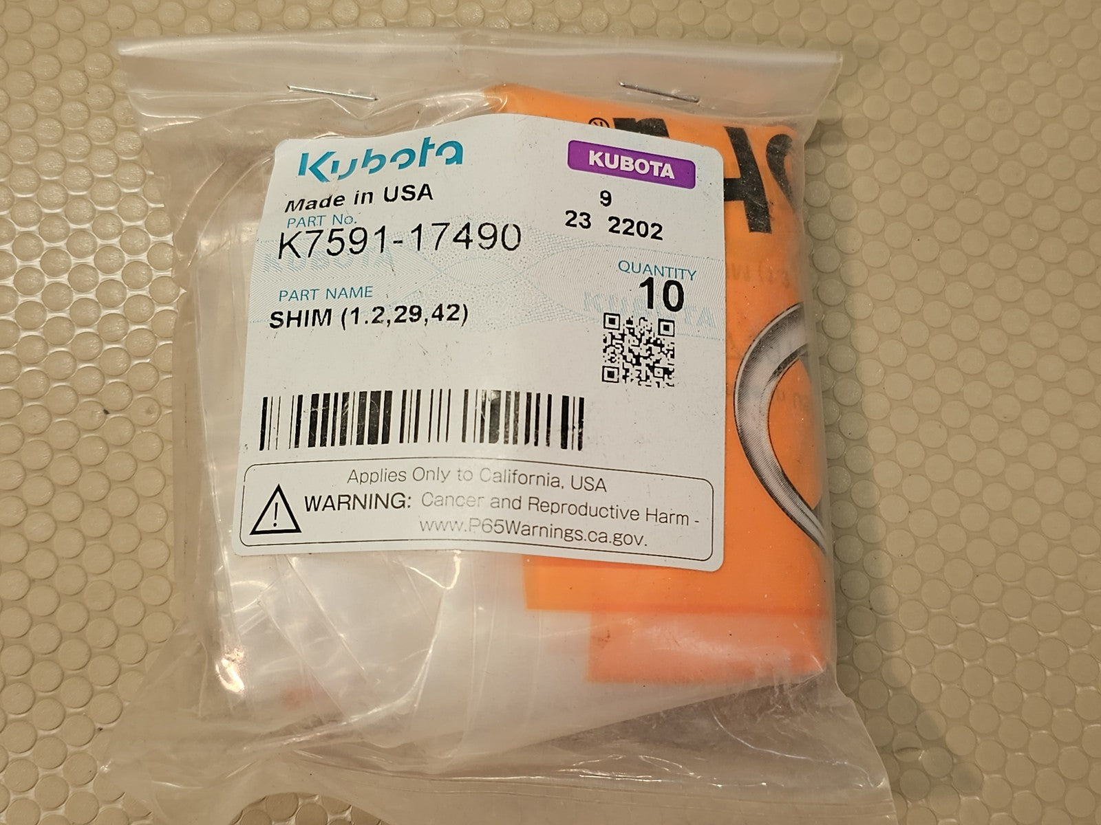 Kubota K7591-17490 Shim 1.2x29x42mm RTV Suspension Spacer 10-Pack NEW